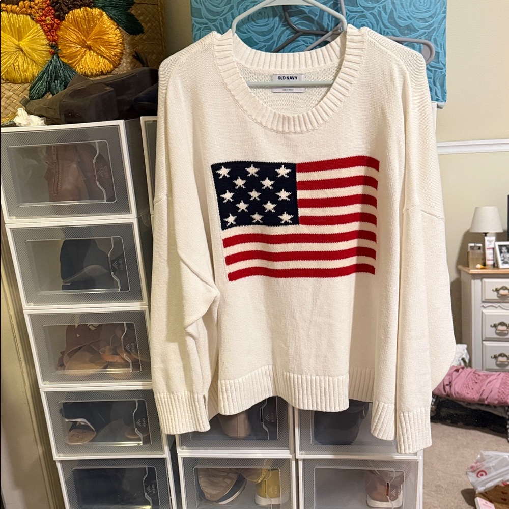 Old Navy Women's White Sweater with Flag Design